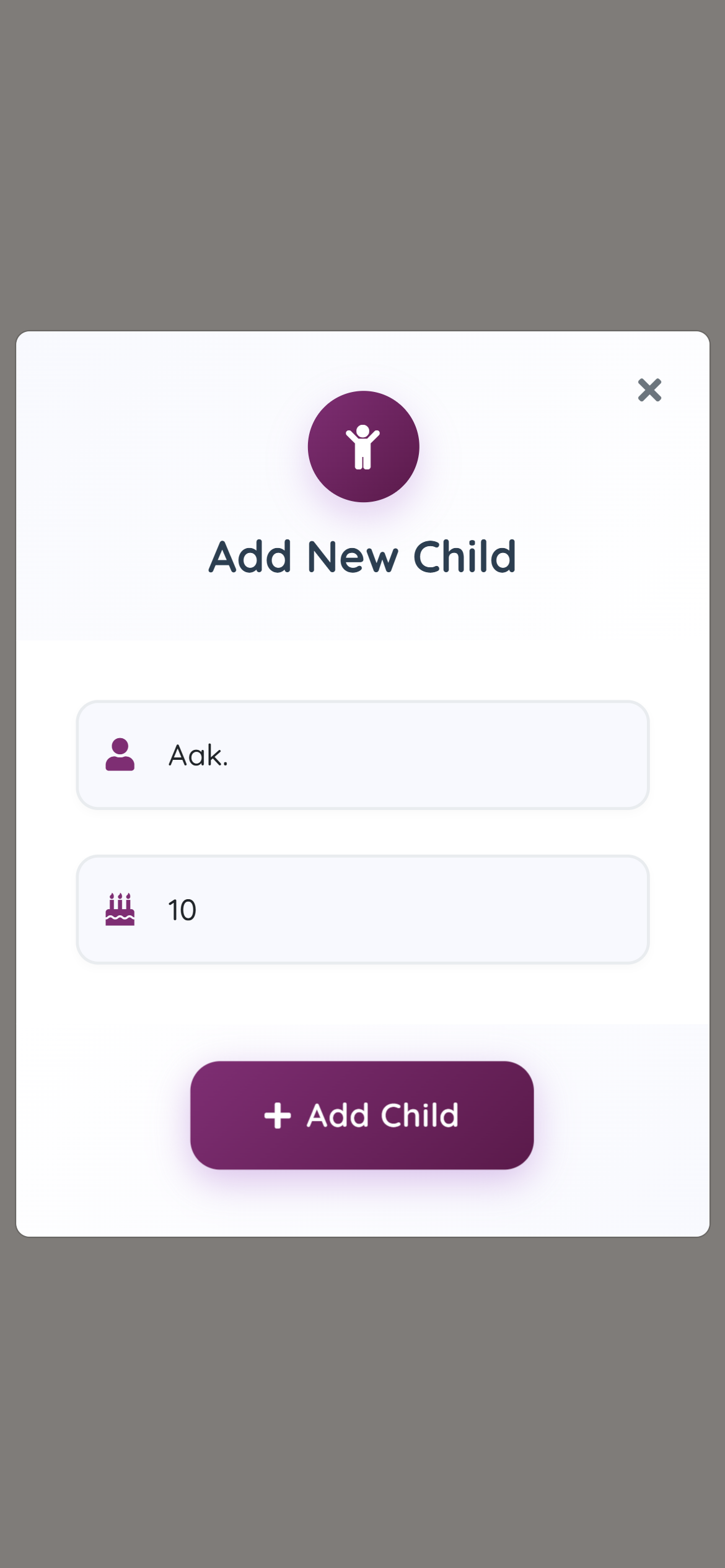 AlphaKhoj app interface for adding a new child profile with name and age fields