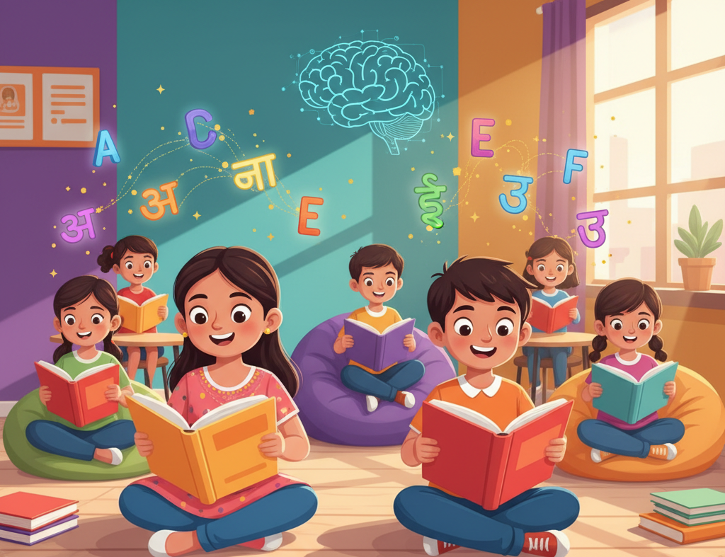 Illustration of diverse children happily learning to read with AlphaKhoj