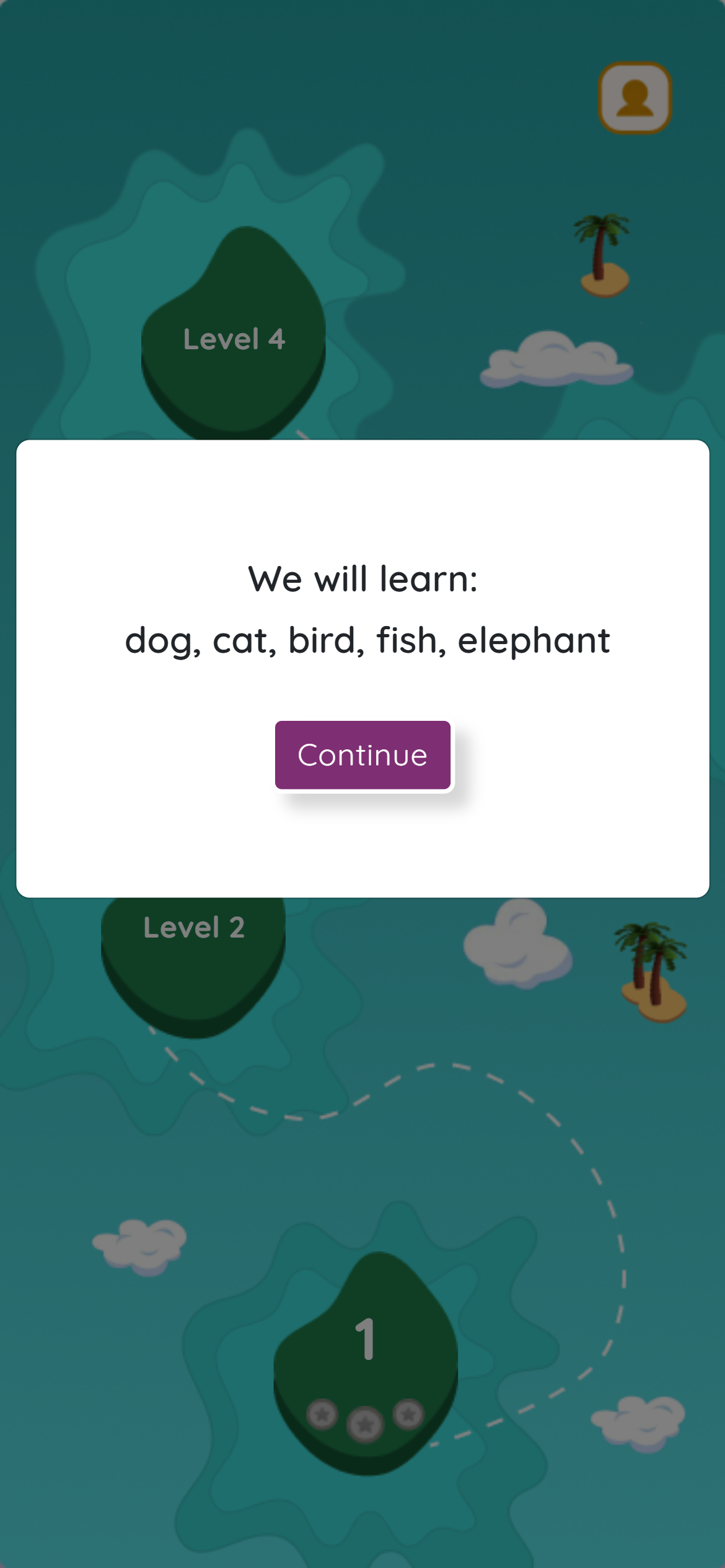 Child Home screen showing island journey with boat and level eggs