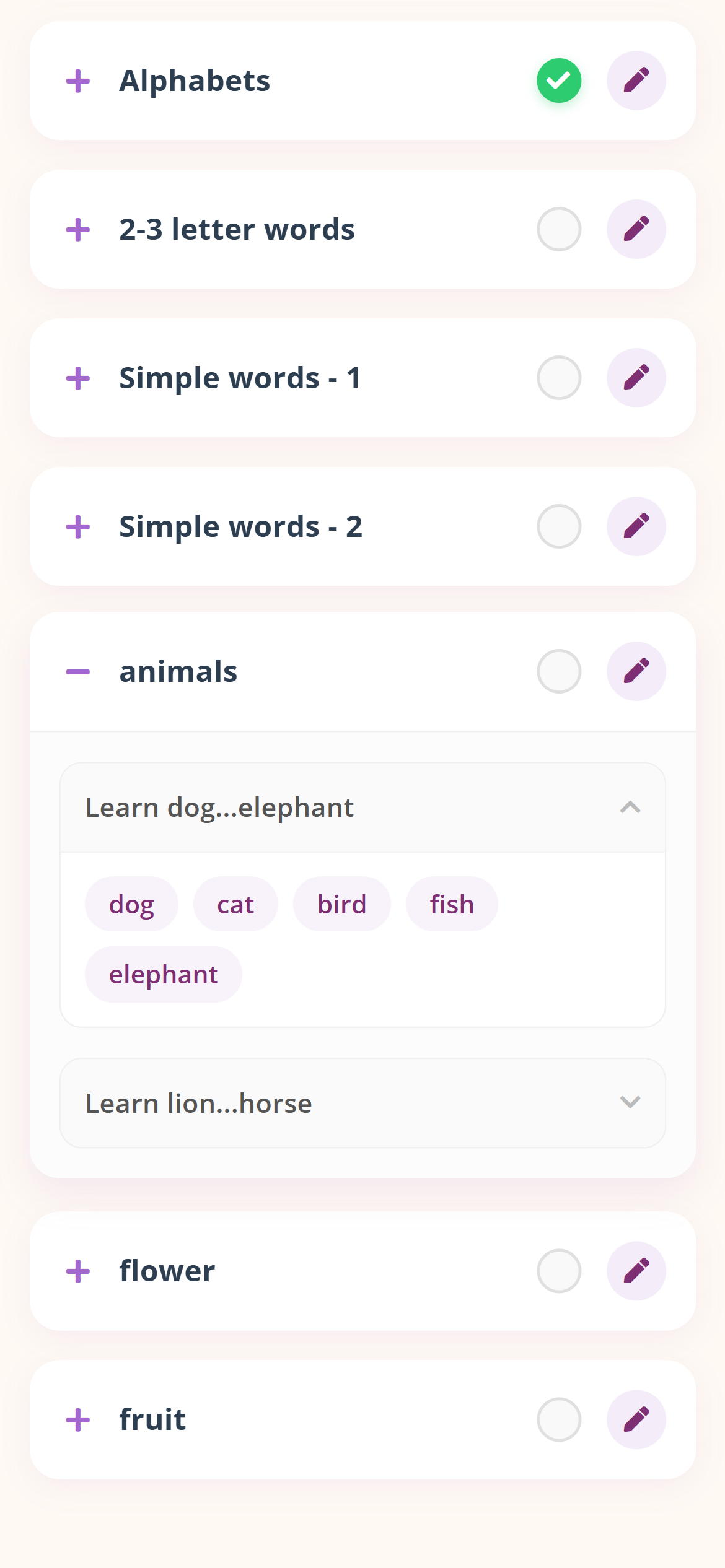 Expanded topic showing subtopics with words