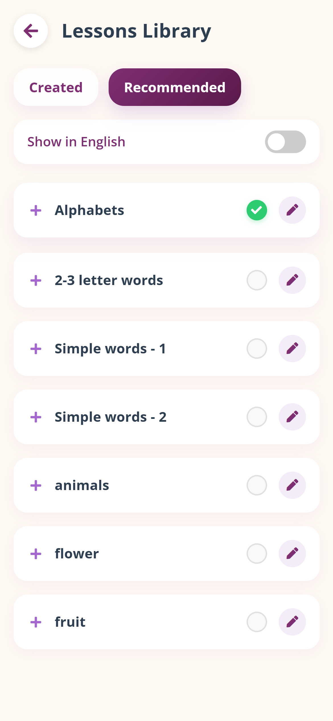 Lessons Library showing two tabs with topic list